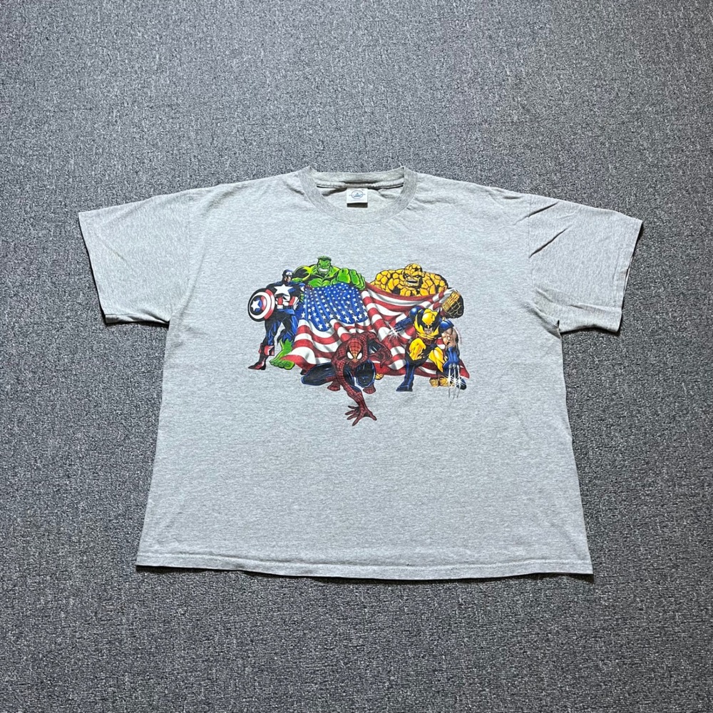 Vintage Marvel Comics T Shirt XL Gray American Flag Heroes 2001 Delta Pro Weight